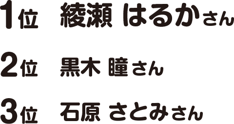 1位綾瀬 はるかさん　2位黒木 瞳さん　3位石原 さとみさん