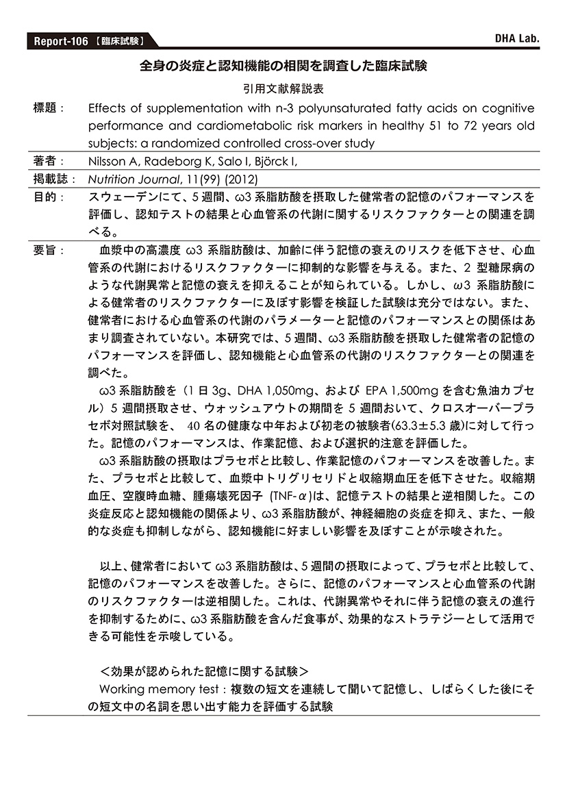 全身の炎症と認知機能の相関を調査した臨床試験