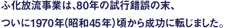 ふ化放流事業は、80年の試行錯誤の末、ついに1970年（昭和45年）頃から成功に転じました。